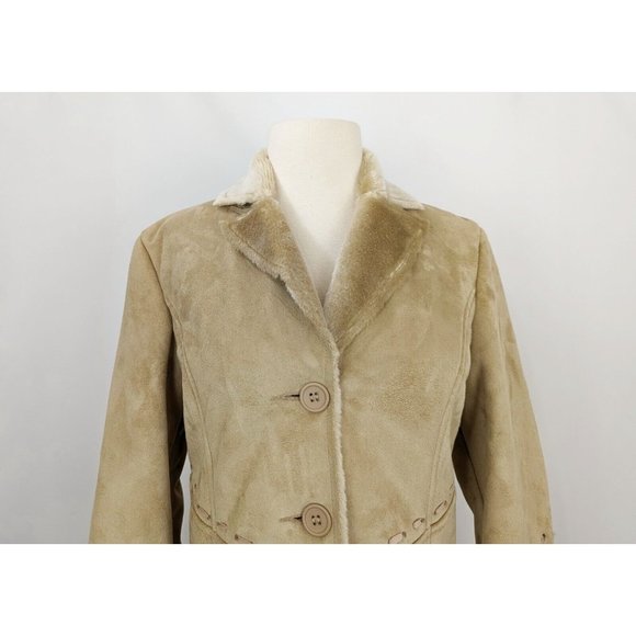 Vintage Y2K Coat Tan Faux Suede Fur Shearling Juniors Size M New - Picture 2 of 7